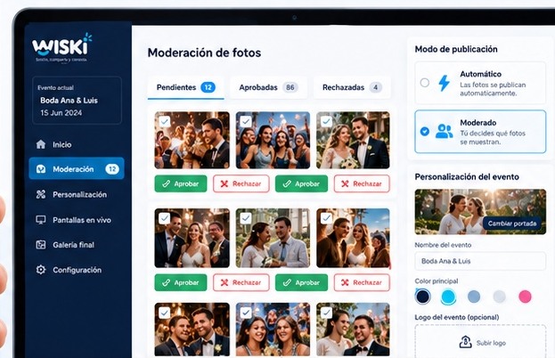 Panel de administración con moderación de fotos